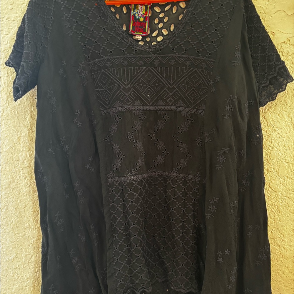 Johnny Was Charcoal Embroidered Blouse